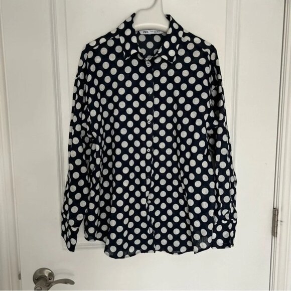 ZARA Blue White Linen Polka  Dot Button Down Long Sleeve Shirt size XS - Picture 5 of 8